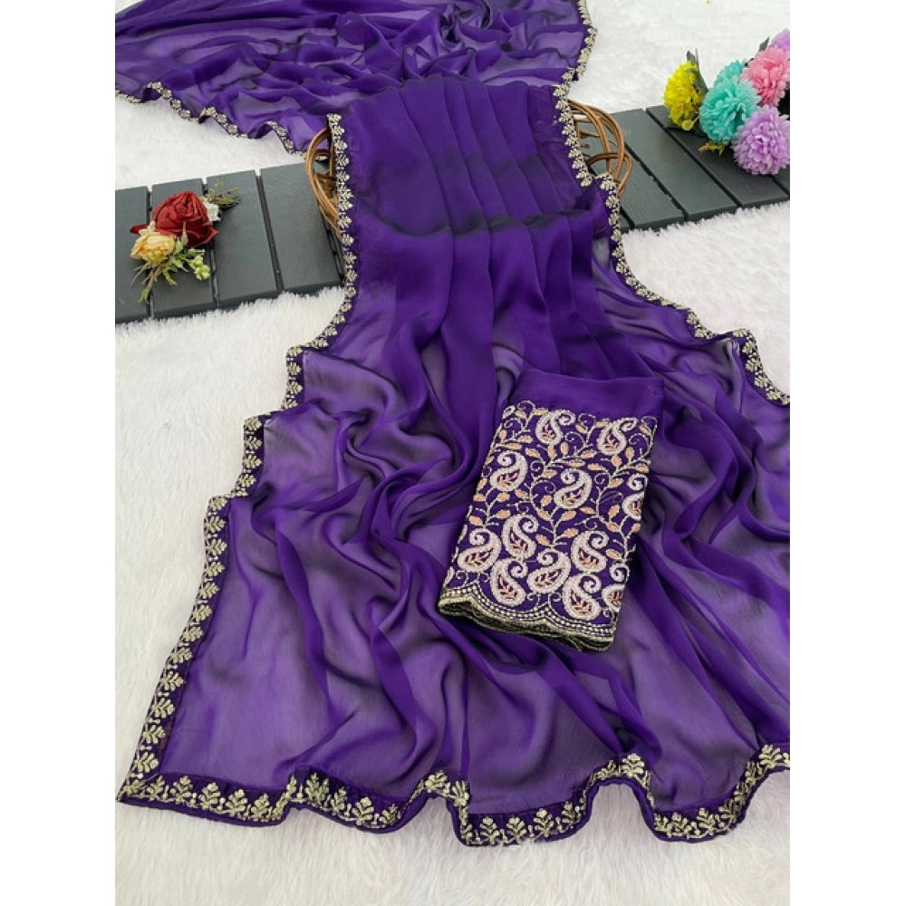 Women's Chiffon Embroidered
 Saree With Unstitched Blouse 5.5Mtr?(Purple)