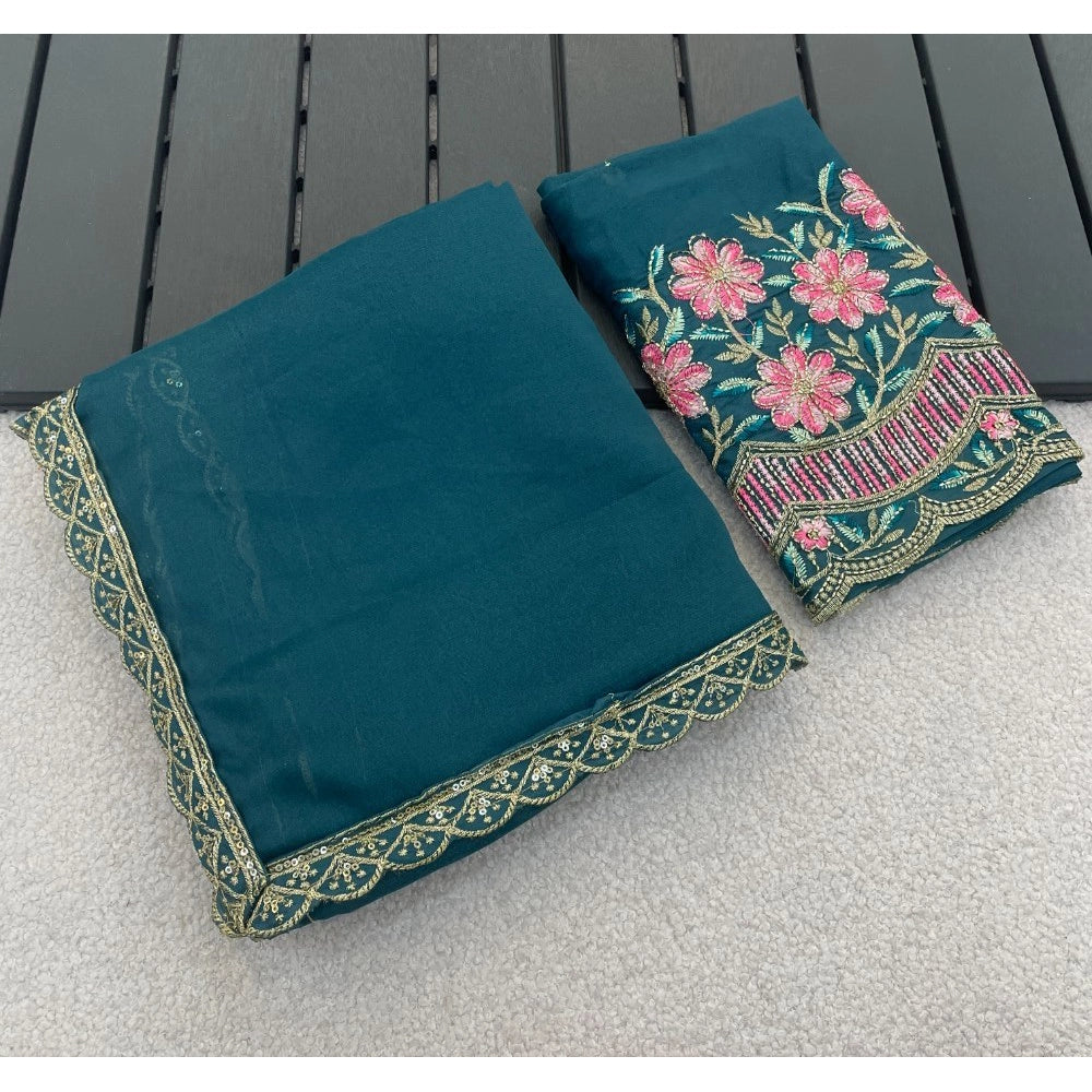 Women's Georgette Embellished Saree With Unstitched Blouse 5.5Mtr?(Teal)