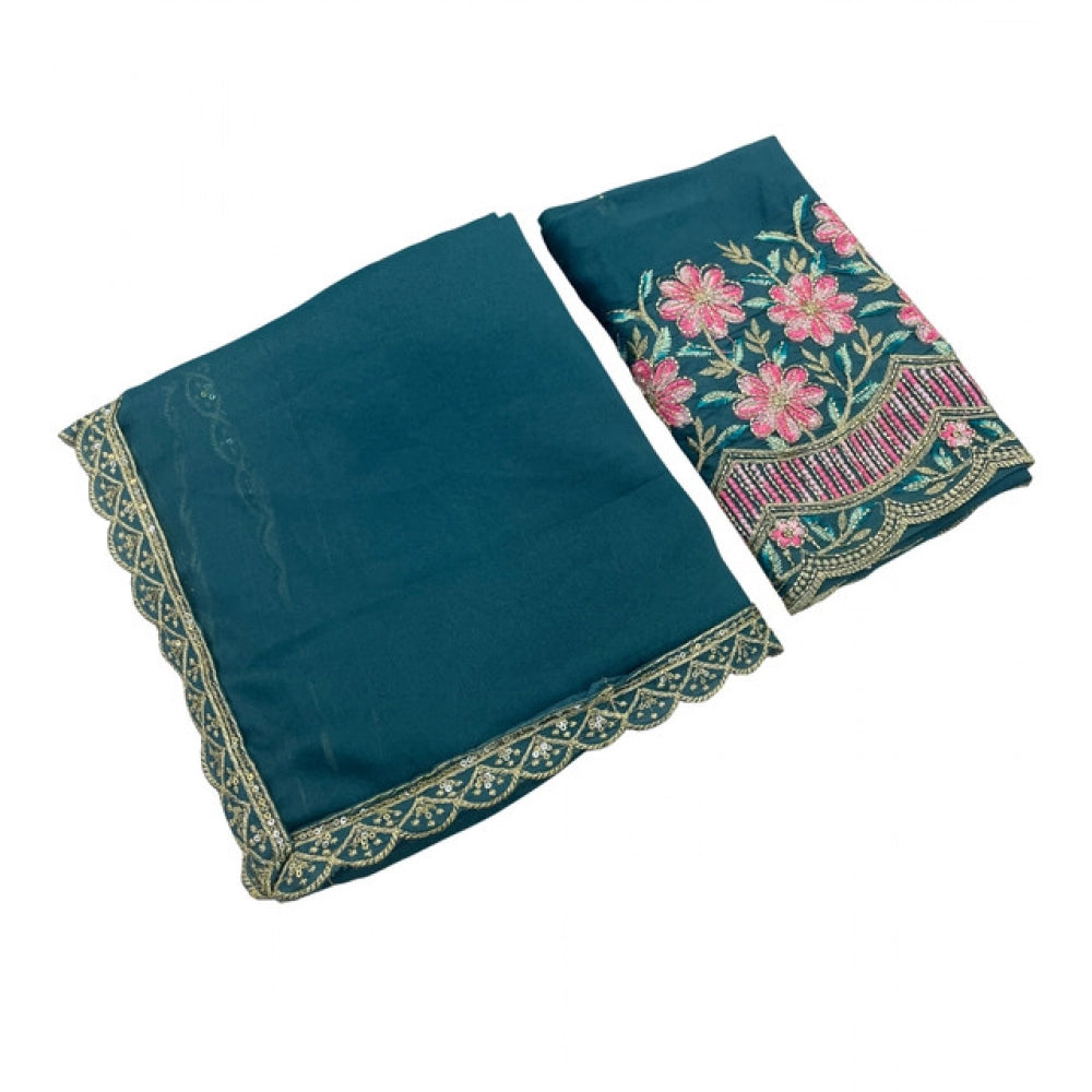 Women's Georgette Embellished Saree With Unstitched Blouse 5.5Mtr?(Teal)