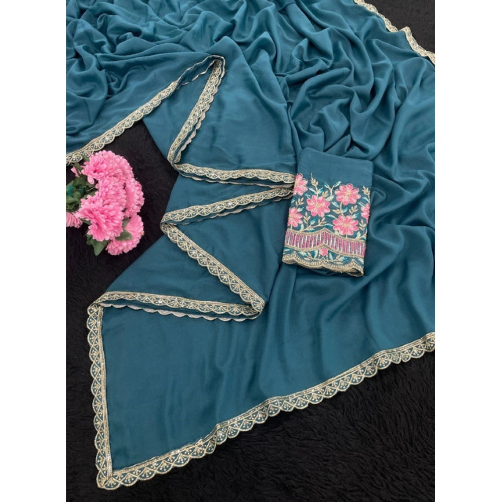 Women's Georgette Embellished Saree With Unstitched Blouse 5.5Mtr?(Teal)