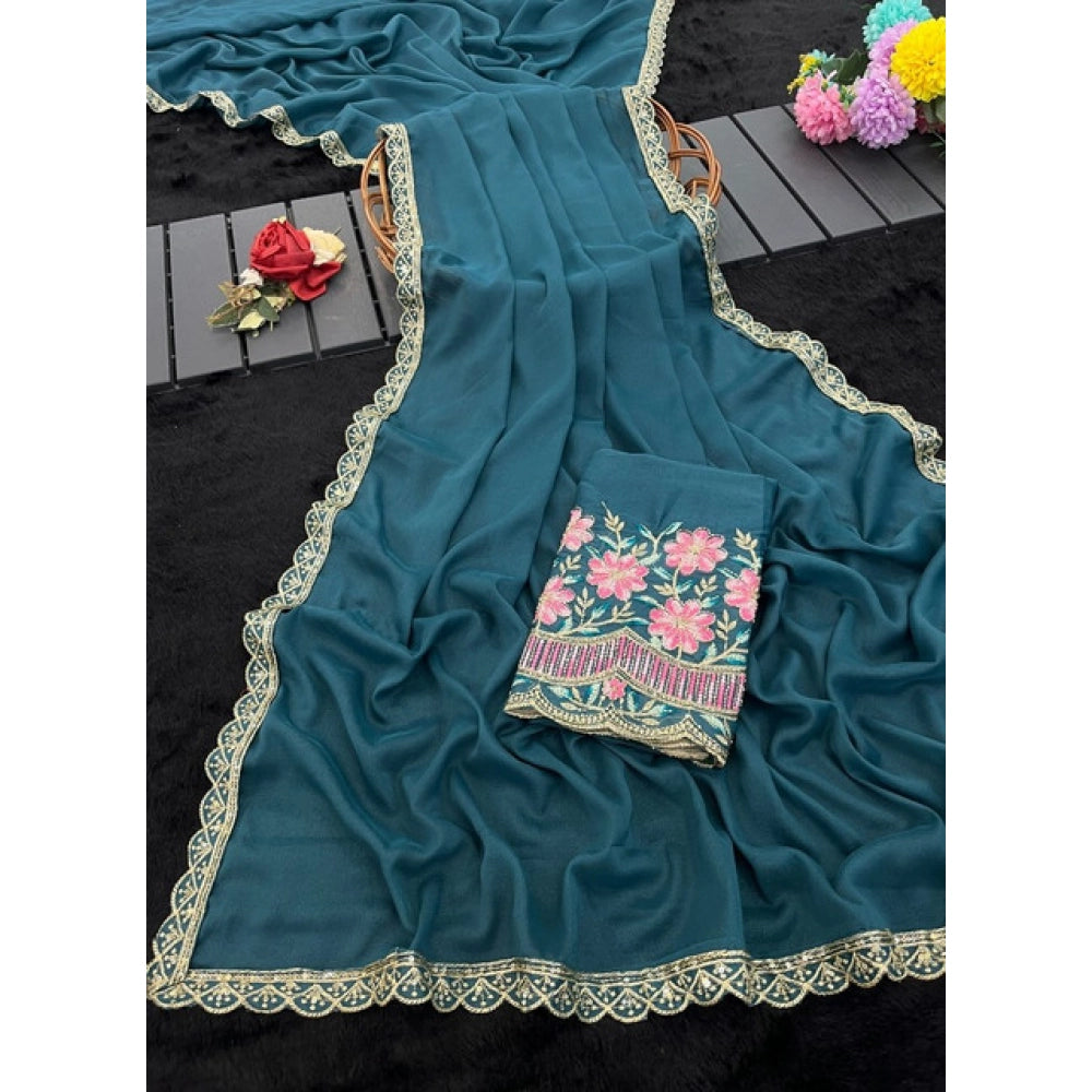 Women's Georgette Embellished Saree With Unstitched Blouse 5.5Mtr?(Teal)