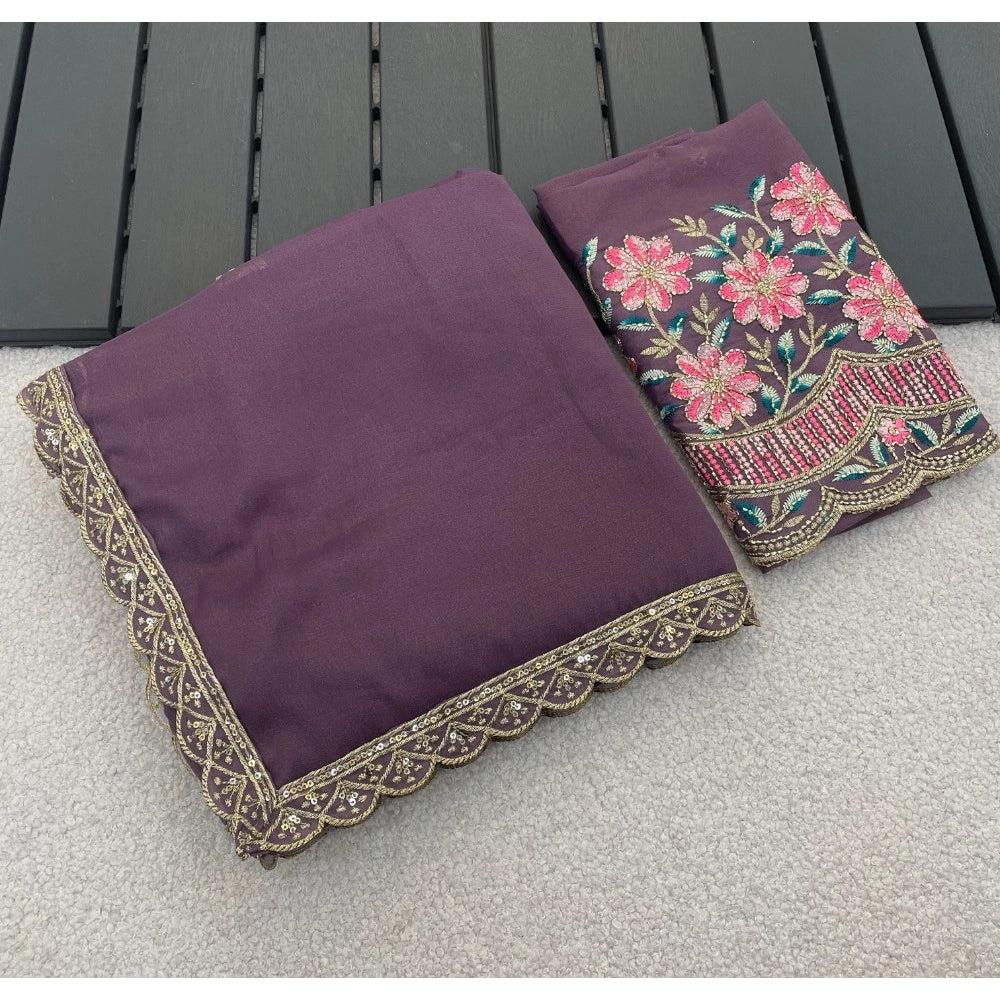 Women's Georgette Embellished Saree With Unstitched Blouse 5.5Mtr?(Purple)