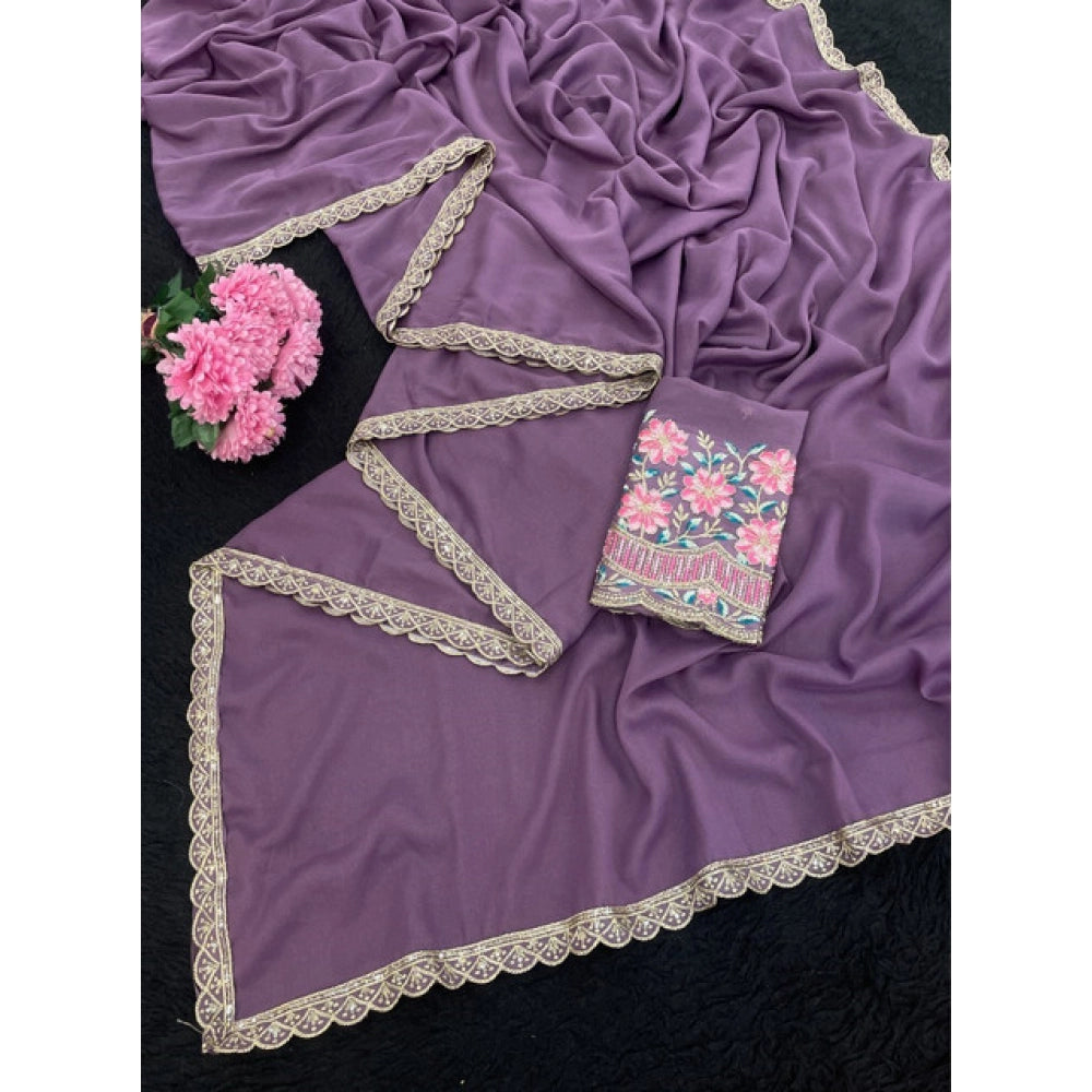 Women's Georgette Embellished Saree With Unstitched Blouse 5.5Mtr?(Purple)