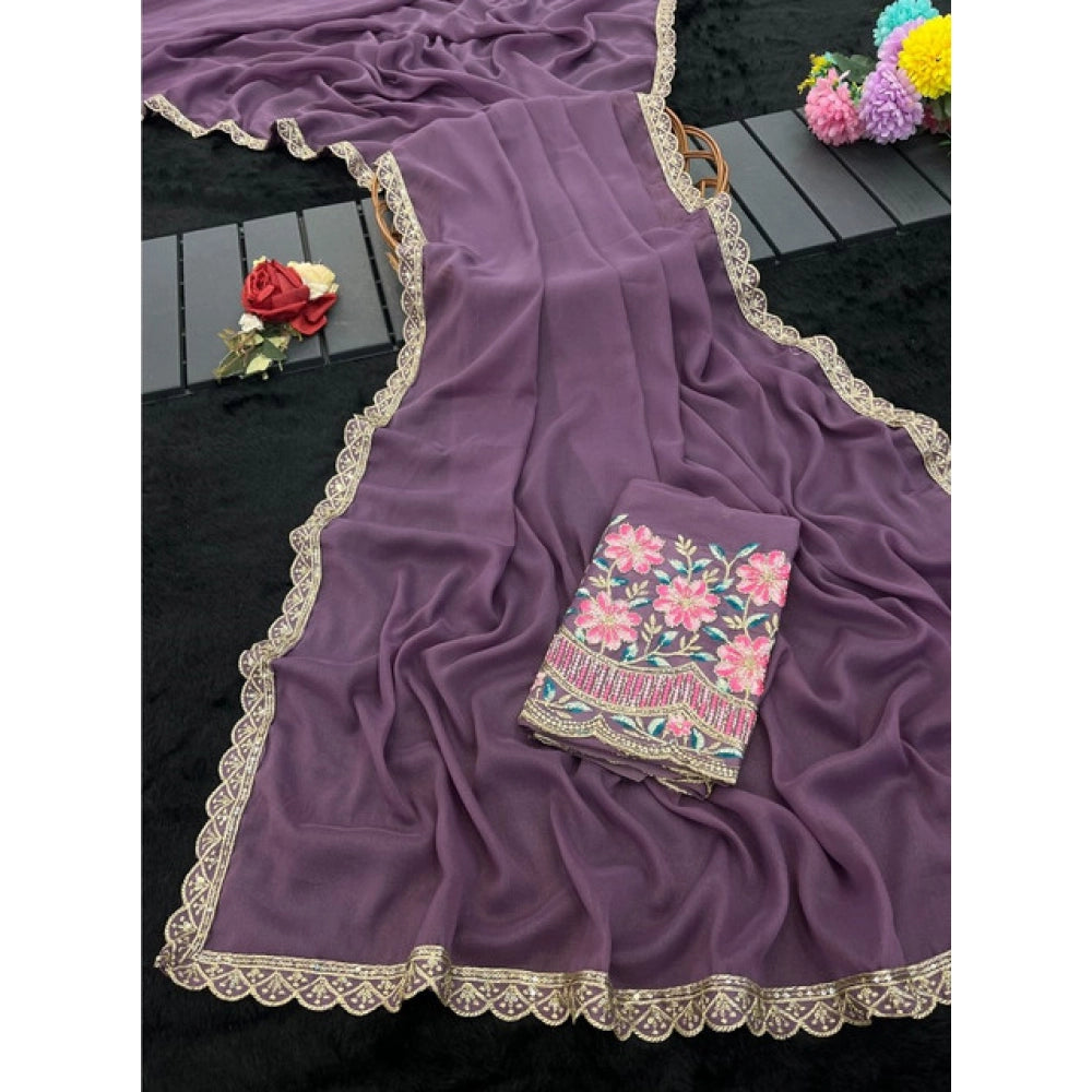 Women's Georgette Embellished Saree With Unstitched Blouse 5.5Mtr?(Purple)