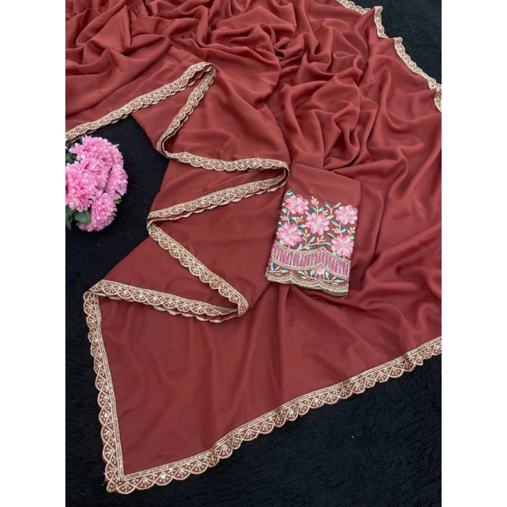 Women's Georgette Embellished Saree With Unstitched Blouse 5.5Mtr?(Brown)