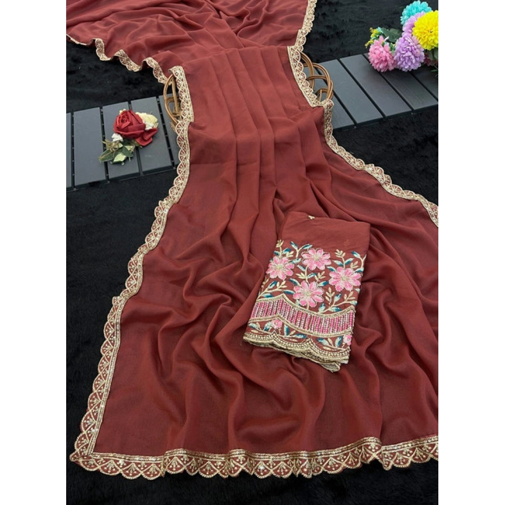 Women's Georgette Embellished Saree With Unstitched Blouse 5.5Mtr?(Brown)