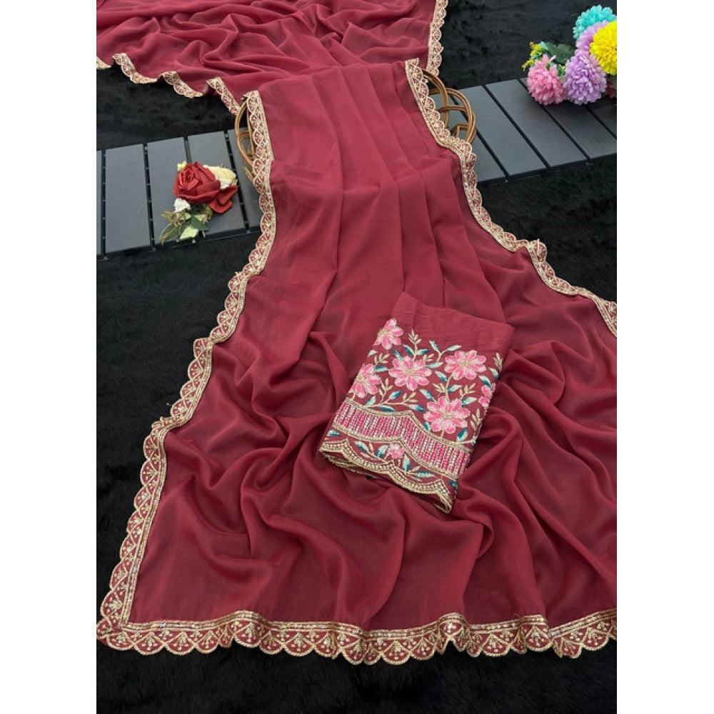Women's Georgette Embellished Saree With Unstitched Blouse 5.5Mtr?(Maroon)