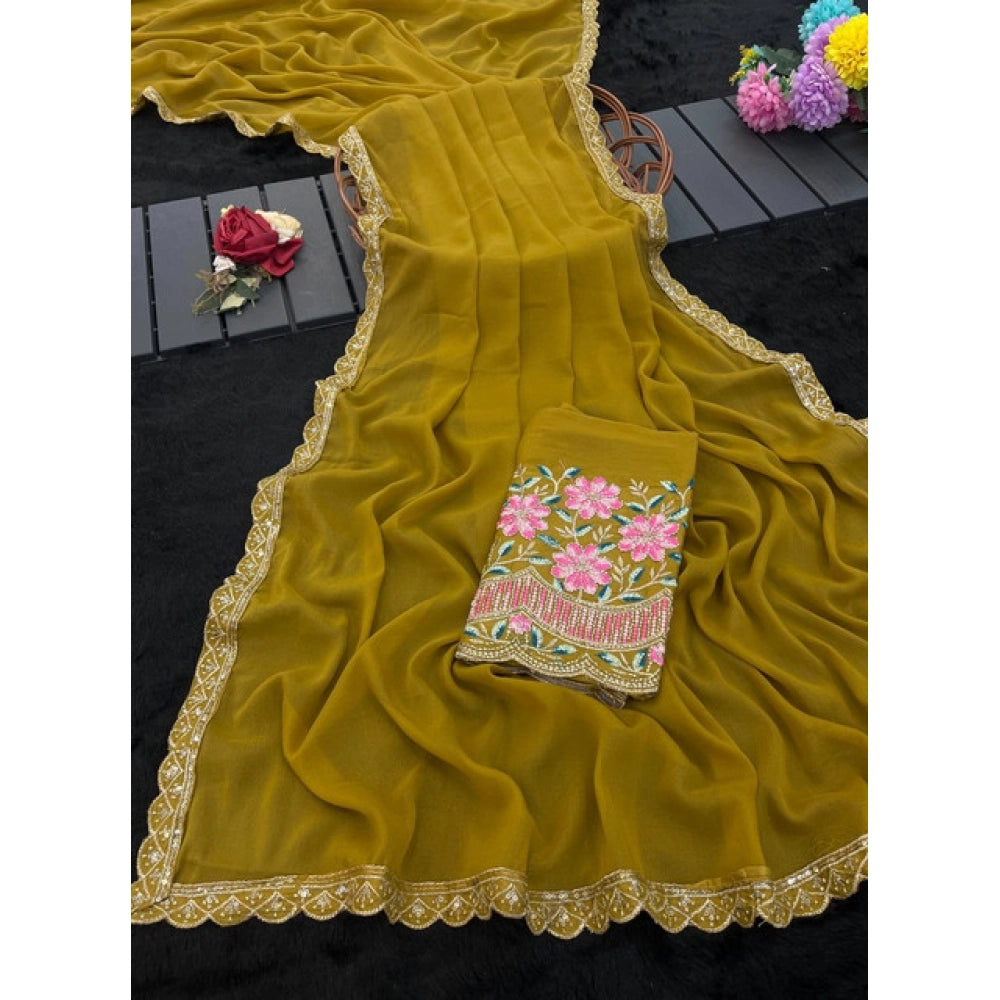 Women's Georgette Embellished Saree With Unstitched Blouse 5.5Mtr?(Yellow)