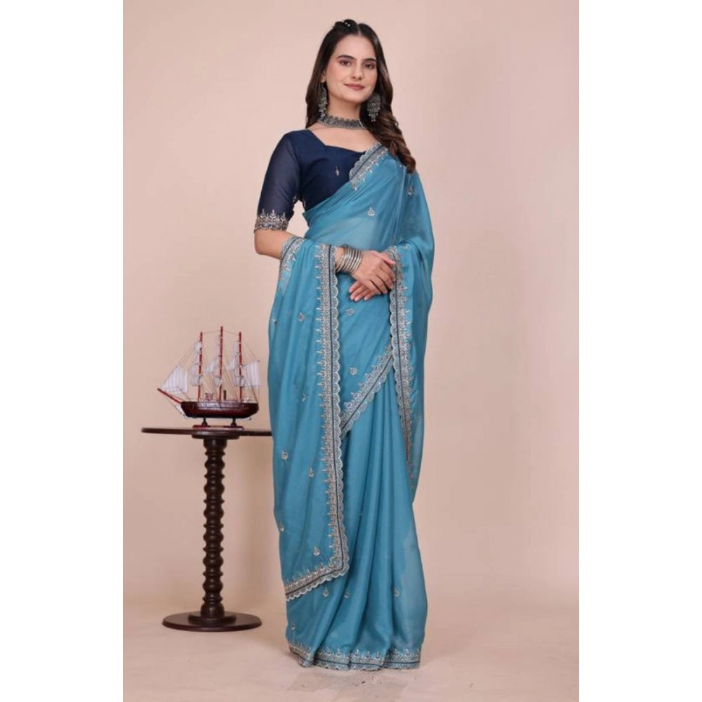 Women's Georgette Embellished Saree With Unstitched Blouse 5.5Mtr?(Aqua Blue)