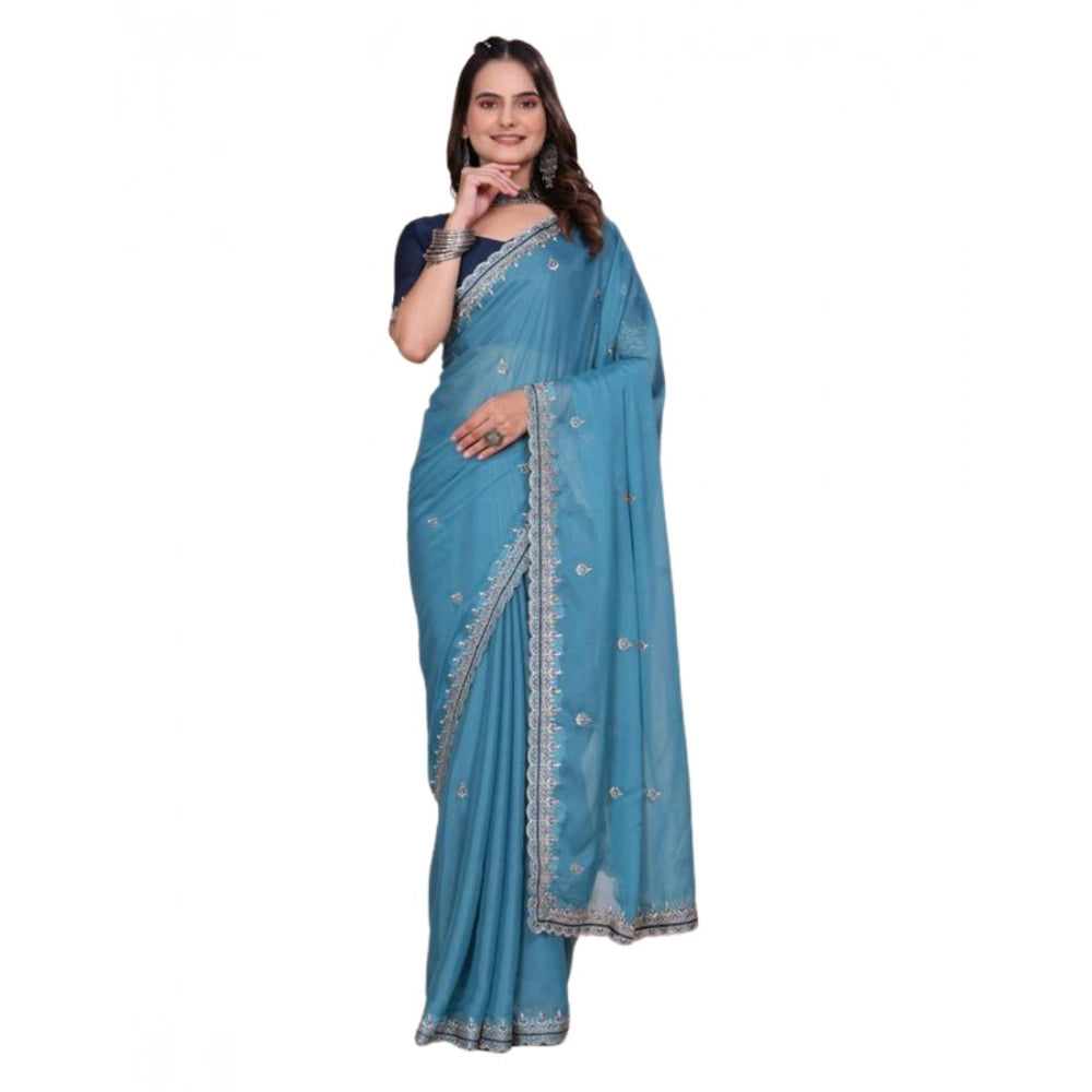 Women's Georgette Embellished Saree With Unstitched Blouse 5.5Mtr?(Aqua Blue)
