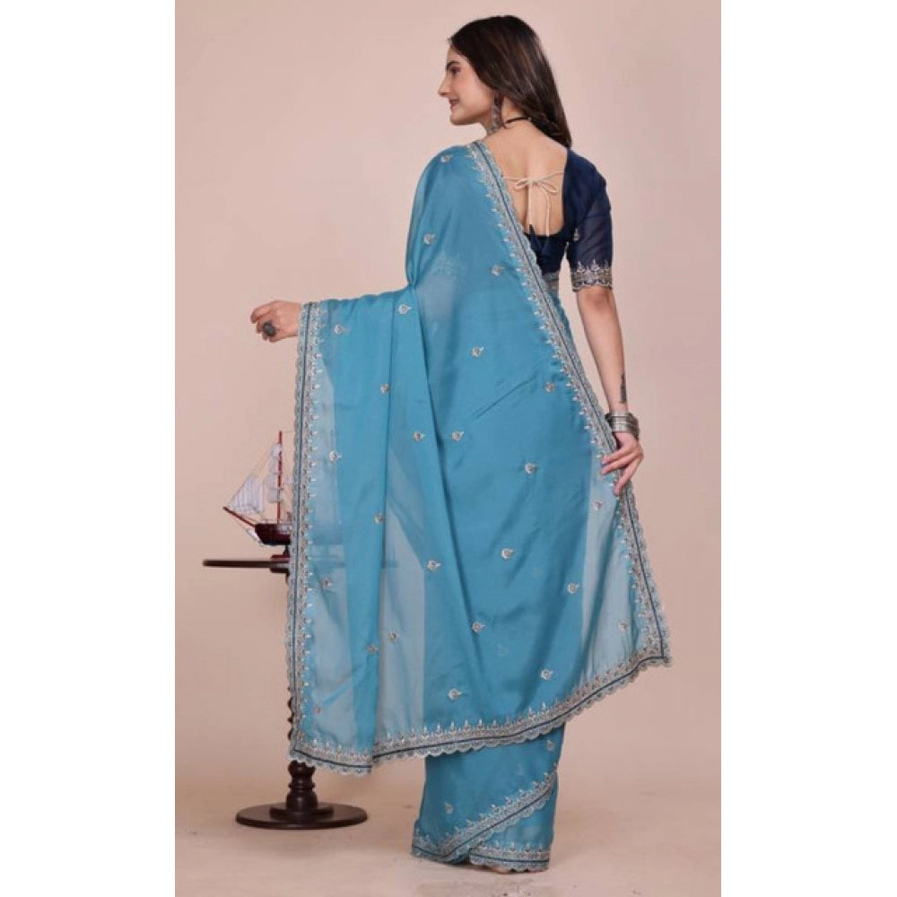 Women's Georgette Embellished Saree With Unstitched Blouse 5.5Mtr?(Aqua Blue)