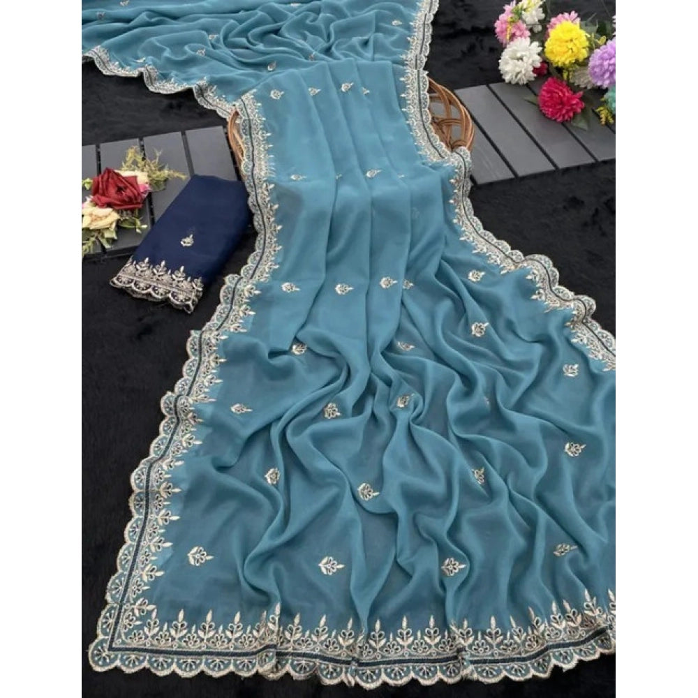 Women's Georgette Embellished Saree With Unstitched Blouse 5.5Mtr?(Aqua Blue)