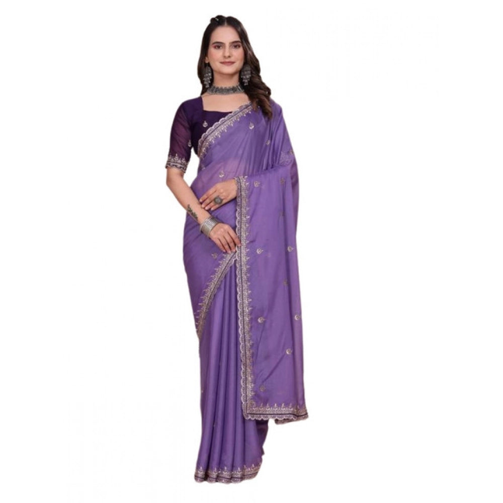 Women's Georgette Embellished Saree With Unstitched Blouse 5.5Mtr?(Purple)
