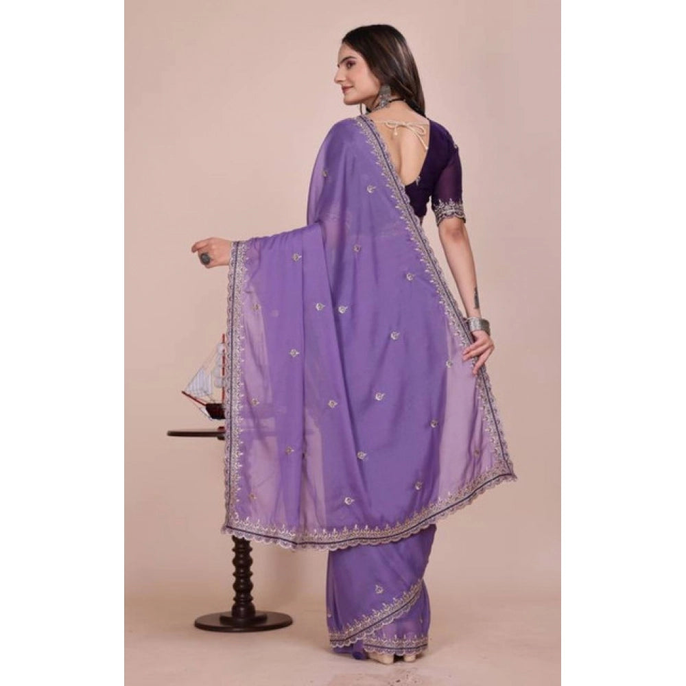 Women's Georgette Embellished Saree With Unstitched Blouse 5.5Mtr?(Purple)