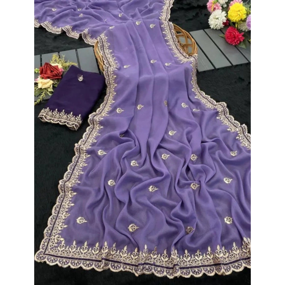 Women's Georgette Embellished Saree With Unstitched Blouse 5.5Mtr?(Purple)
