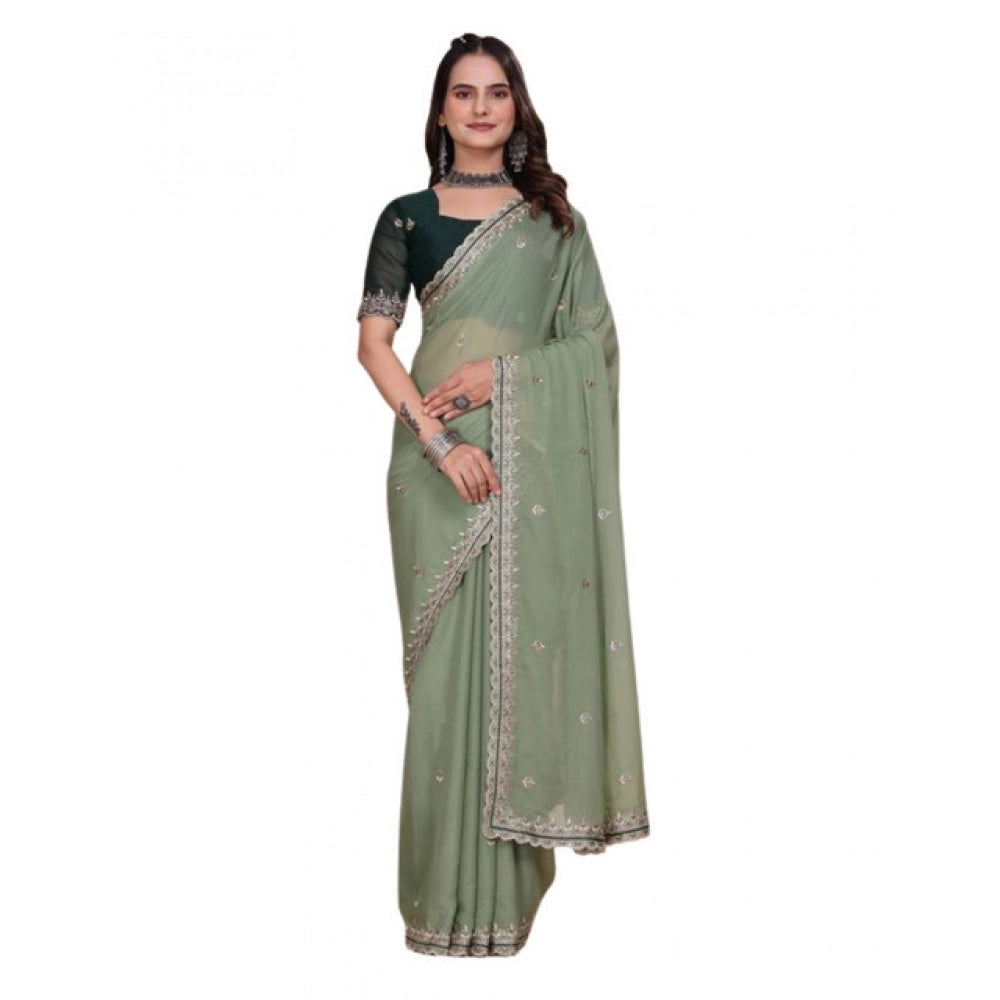 Women's Georgette Embellished Saree With Unstitched Blouse 5.5Mtr?(Pista Green)