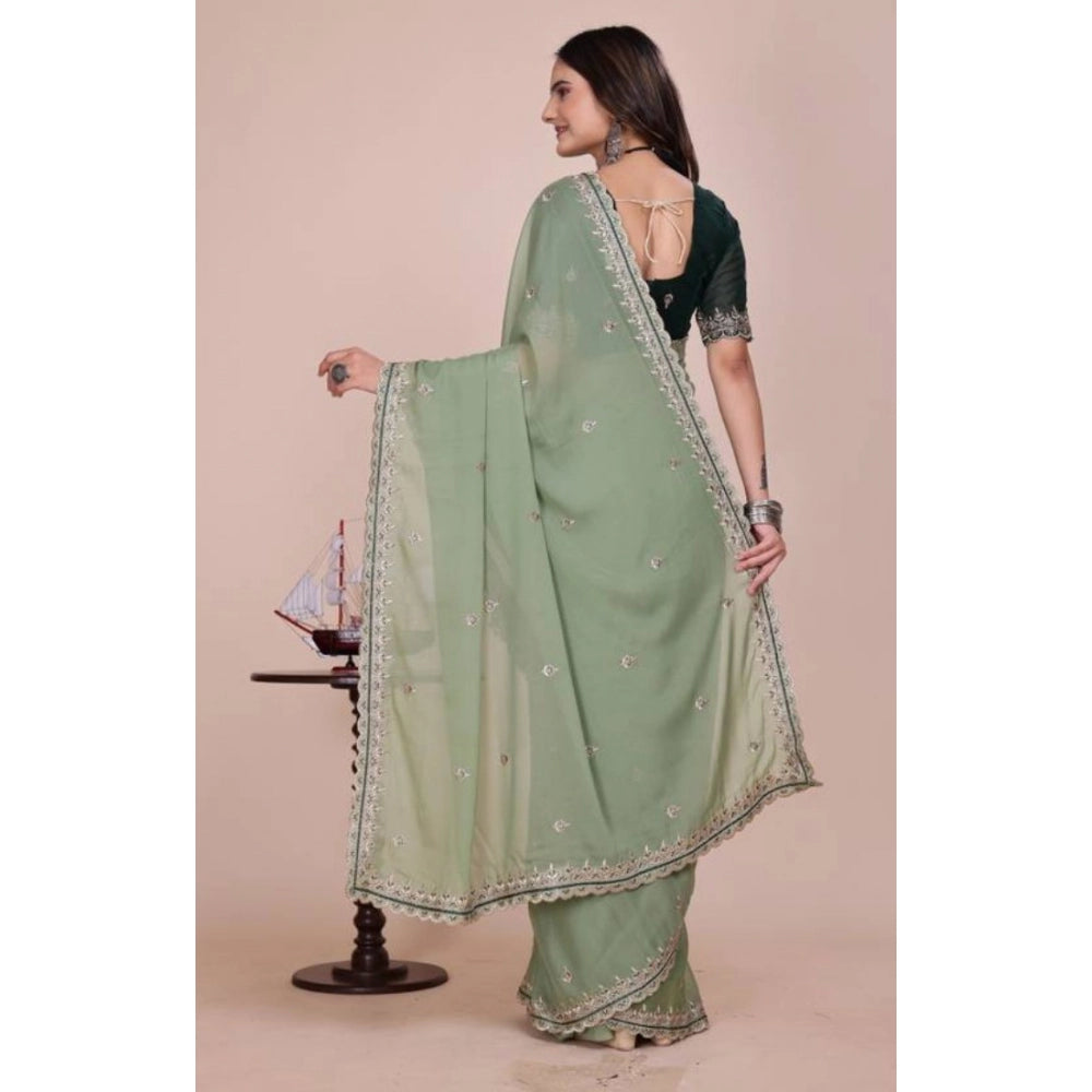 Women's Georgette Embellished Saree With Unstitched Blouse 5.5Mtr?(Pista Green)