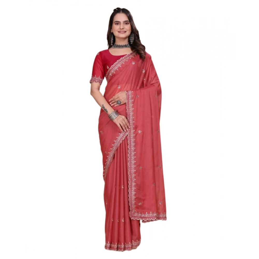 Women's Georgette Embellished Saree With Unstitched Blouse 5.5Mtr?(Coral Red)