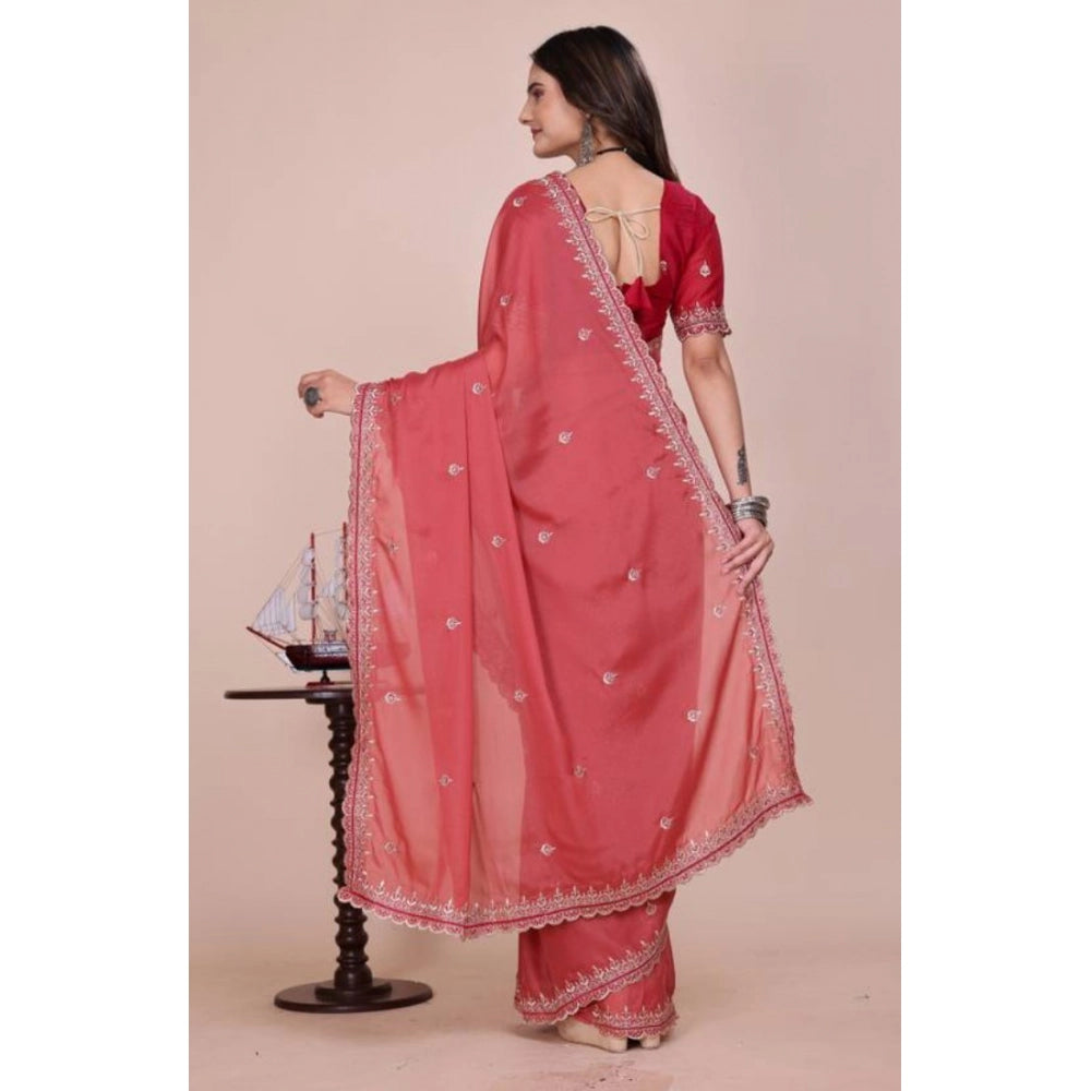 Women's Georgette Embellished Saree With Unstitched Blouse 5.5Mtr?(Coral Red)