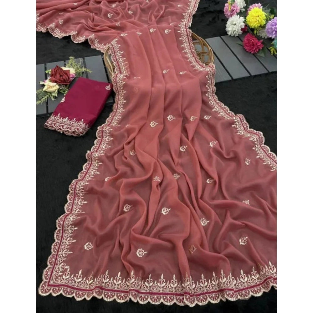 Women's Georgette Embellished Saree With Unstitched Blouse 5.5Mtr?(Coral Red)