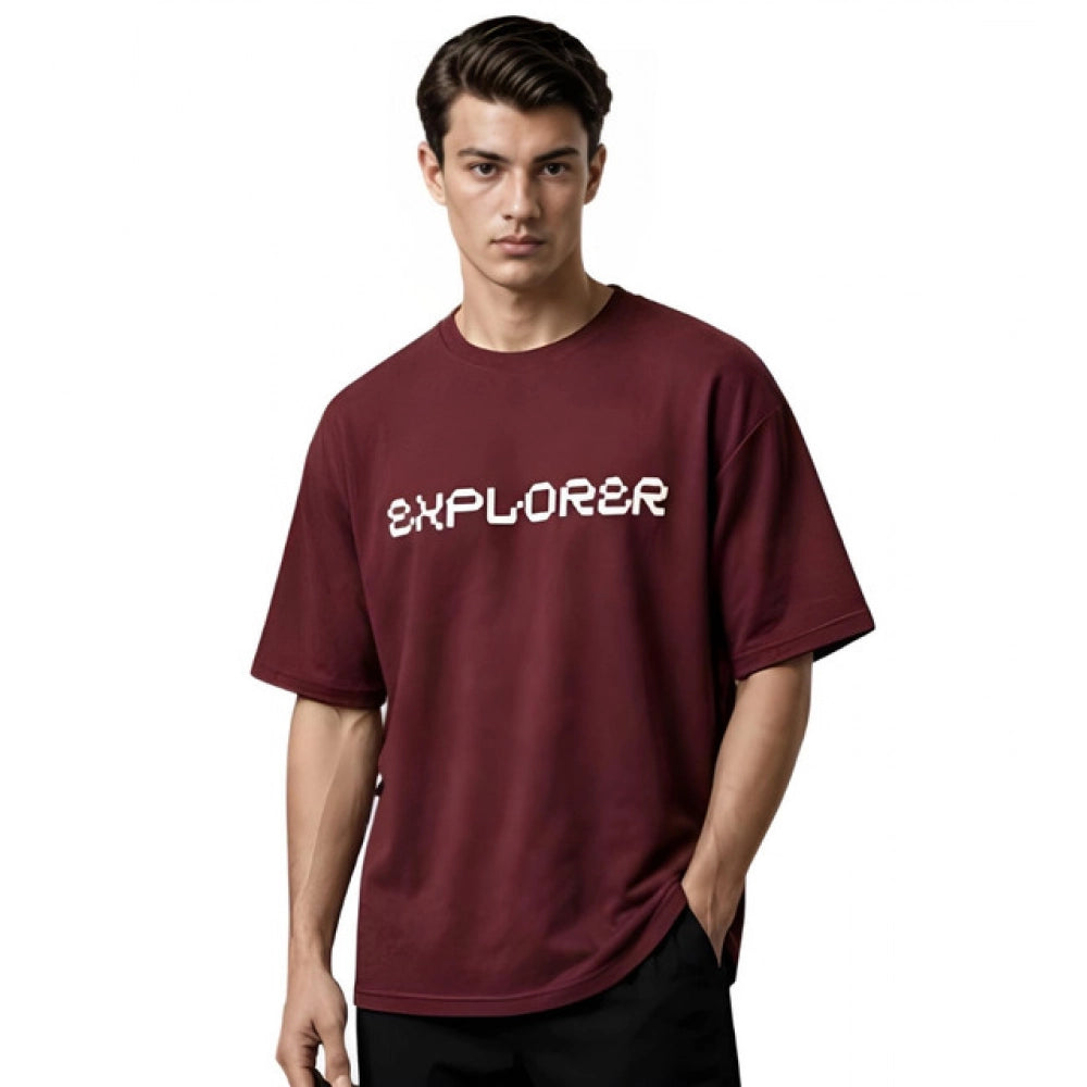 Men's Cotton Blend Printed Oversized Round Neck Half Sleeve T-Shirt (Maroon)