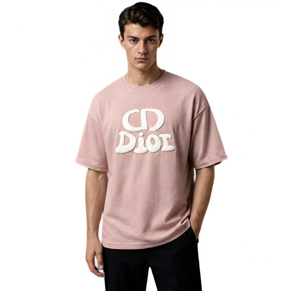 Men's Cotton Blend Printed Oversized Round Neck Half Sleeve T-Shirt (Pink)