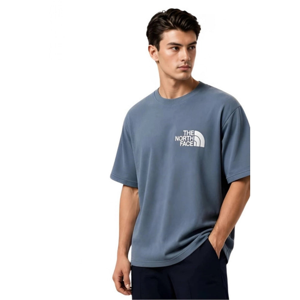 Men's Cotton Blend Printed Oversized Round Neck Half Sleeve T-Shirt (Blue)