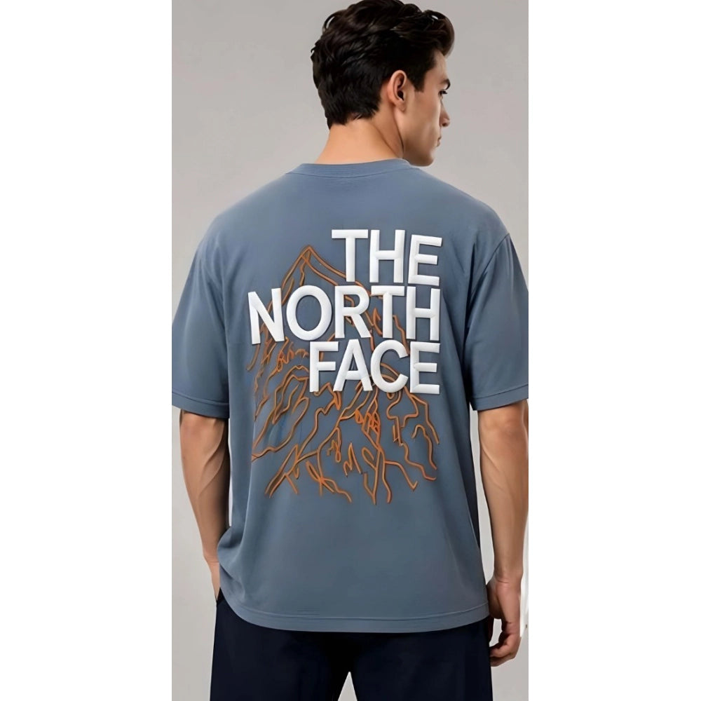 Men's Cotton Blend Printed Oversized Round Neck Half Sleeve T-Shirt (Blue)