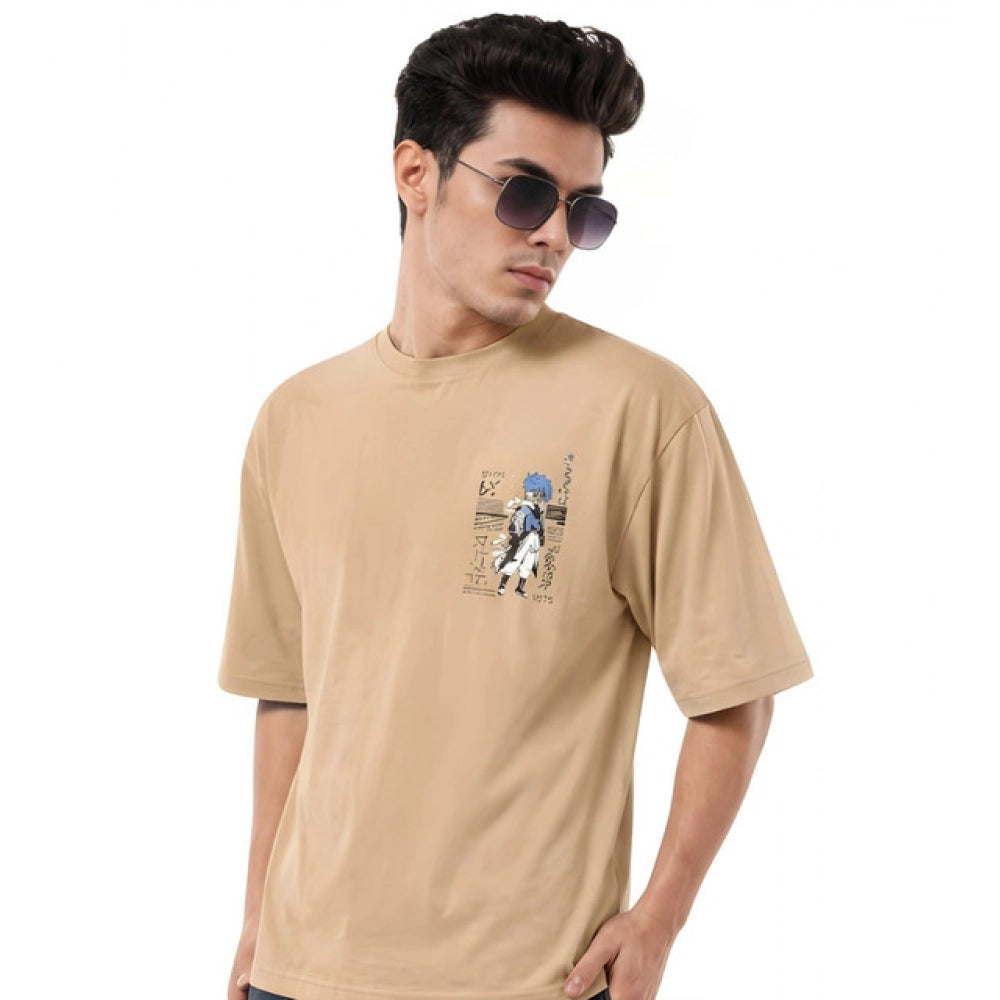 Men's Cotton Blend Printed Oversized Round Neck Half Sleeve T-Shirt (Beige)