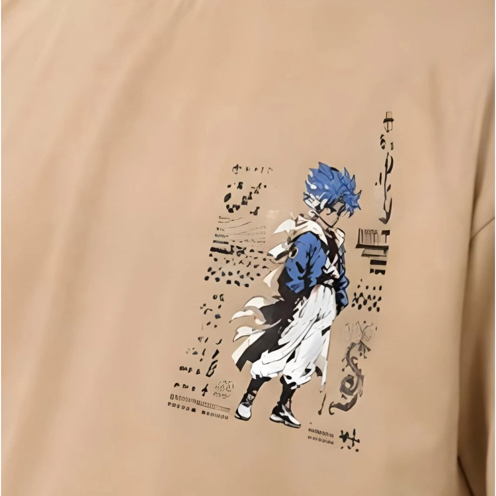 Men's Cotton Blend Printed Oversized Round Neck Half Sleeve T-Shirt (Beige)
