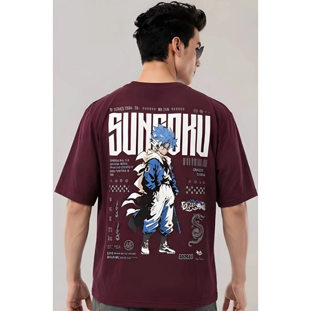 Men's Cotton Blend Printed Oversized Round Neck Half Sleeve T-Shirt (Wine)