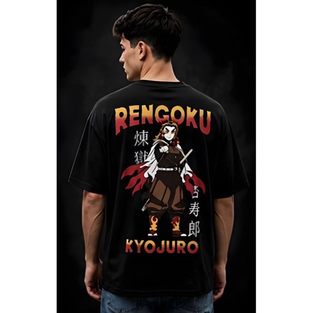 Men's Cotton Blend Printed Oversized Round Neck Half Sleeve T-Shirt (Black)