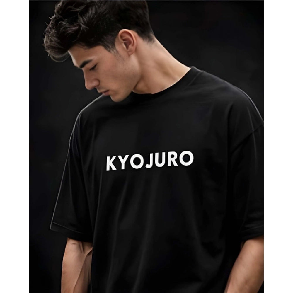 Men's Cotton Blend Printed Oversized Round Neck Half Sleeve T-Shirt (Black)