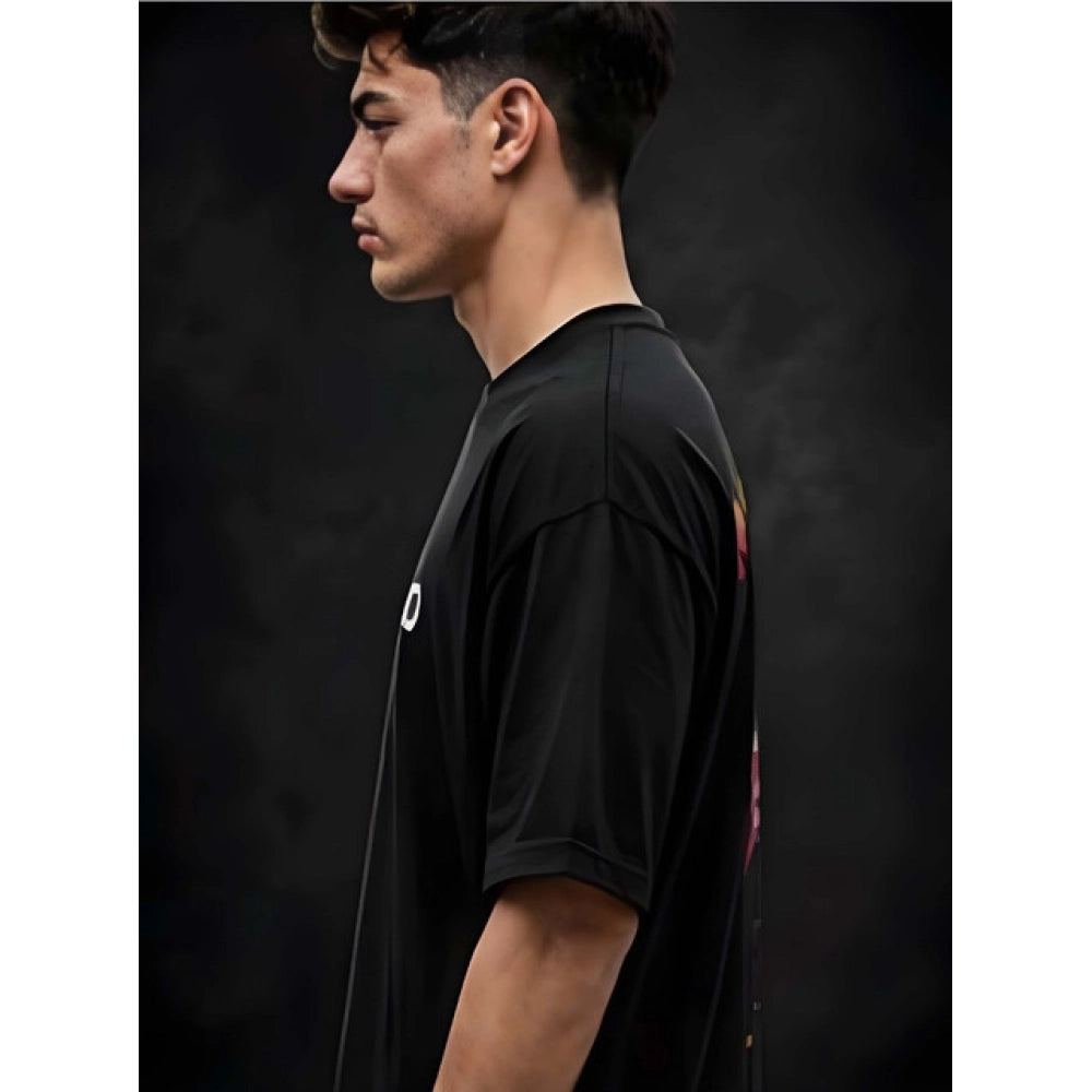 Men's Cotton Blend Printed Oversized Round Neck Half Sleeve T-Shirt (Black)