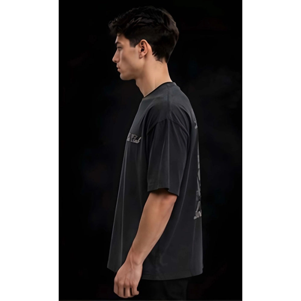 Men's Cotton Blend Printed Oversized Round Neck Half Sleeve T-Shirt (Grey)