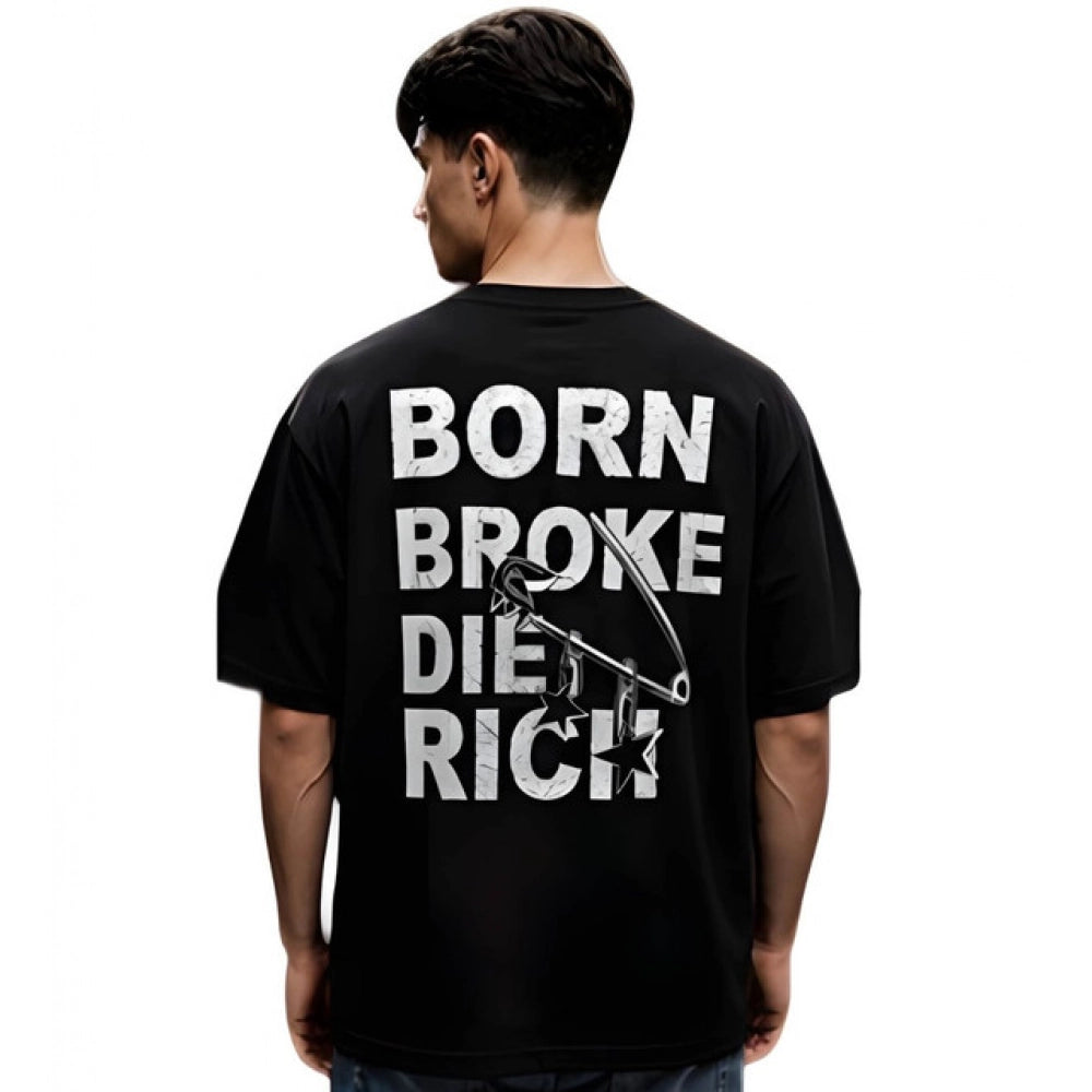 Men's Cotton Blend Printed Oversized Round Neck Half Sleeve T-Shirt (Black)