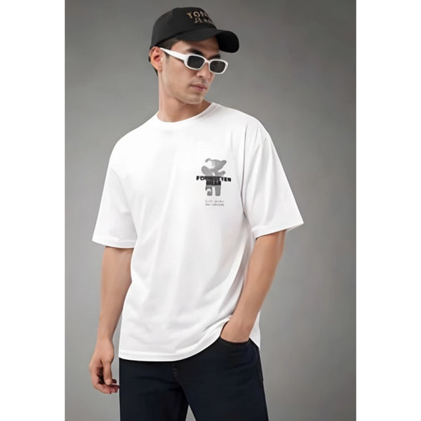 Men's Cotton Blend Printed Oversized Round Neck Half Sleeve T-Shirt (White)