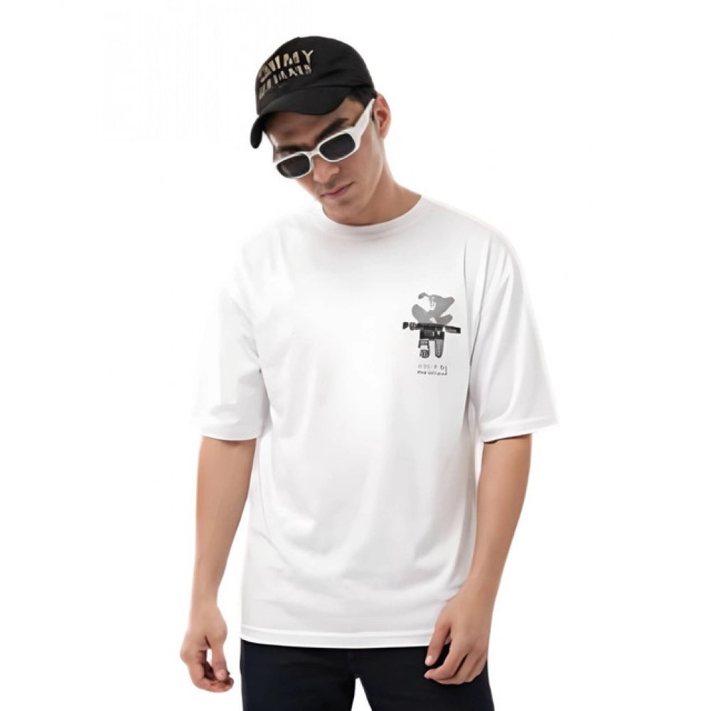 Men's Cotton Blend Printed Oversized Round Neck Half Sleeve T-Shirt (White)