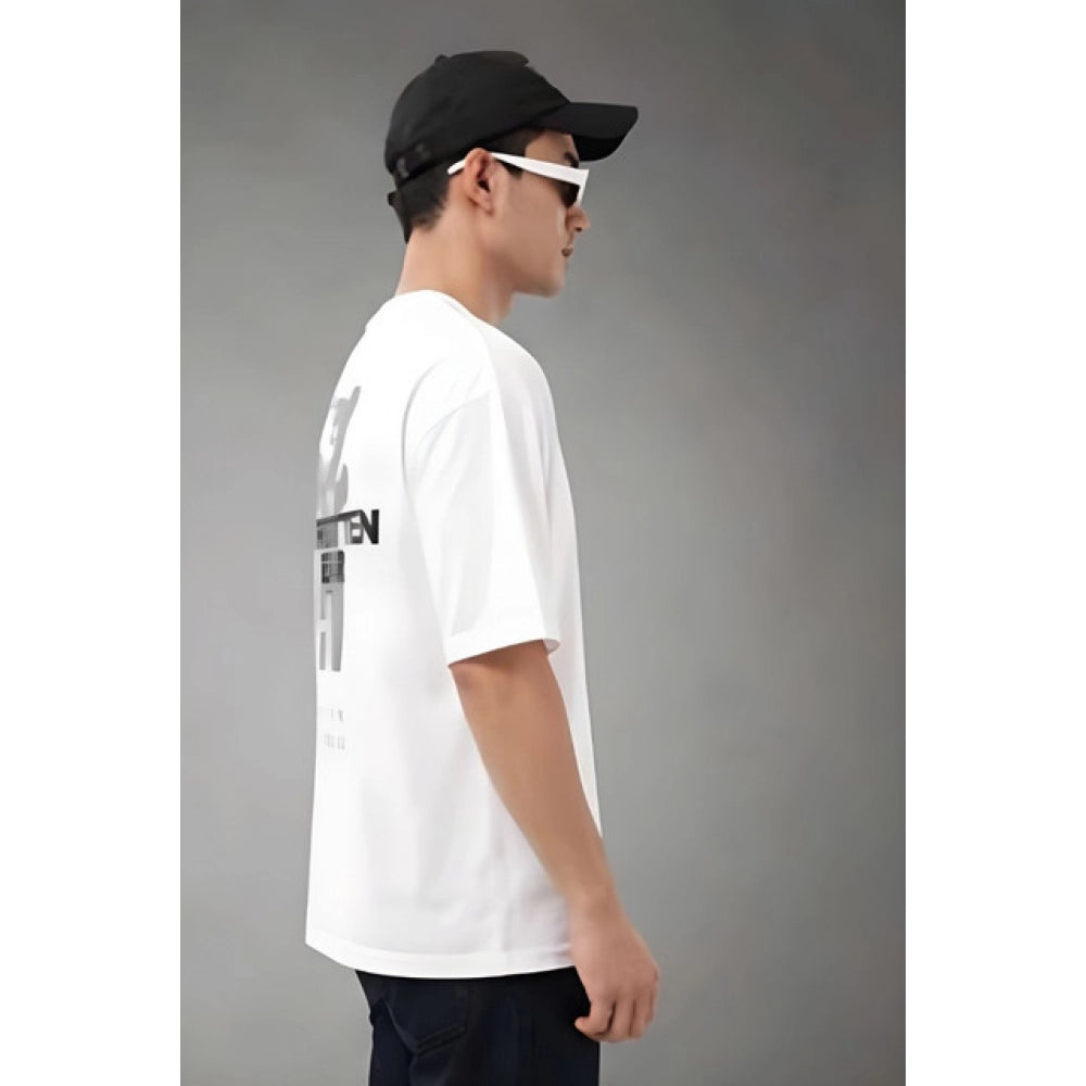 Men's Cotton Blend Printed Oversized Round Neck Half Sleeve T-Shirt (White)