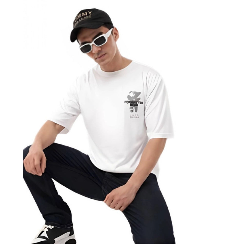 Men's Cotton Blend Printed Oversized Round Neck Half Sleeve T-Shirt (White)