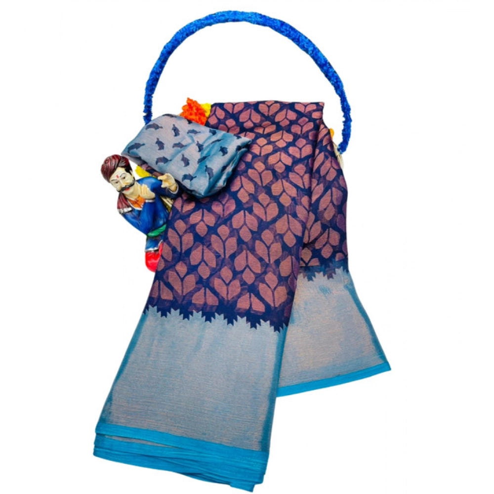 Women's Brasso Printed Saree With Unstitched Blouse 5.5Mtr (Navy blue)
