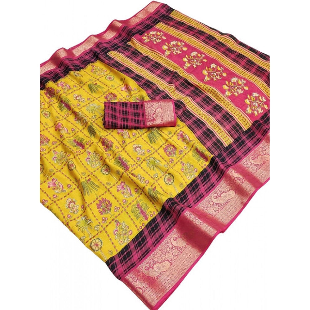 Women's Dola Silk Printed Saree With Unstitched Blouse 5.5Mtr (Yellow)