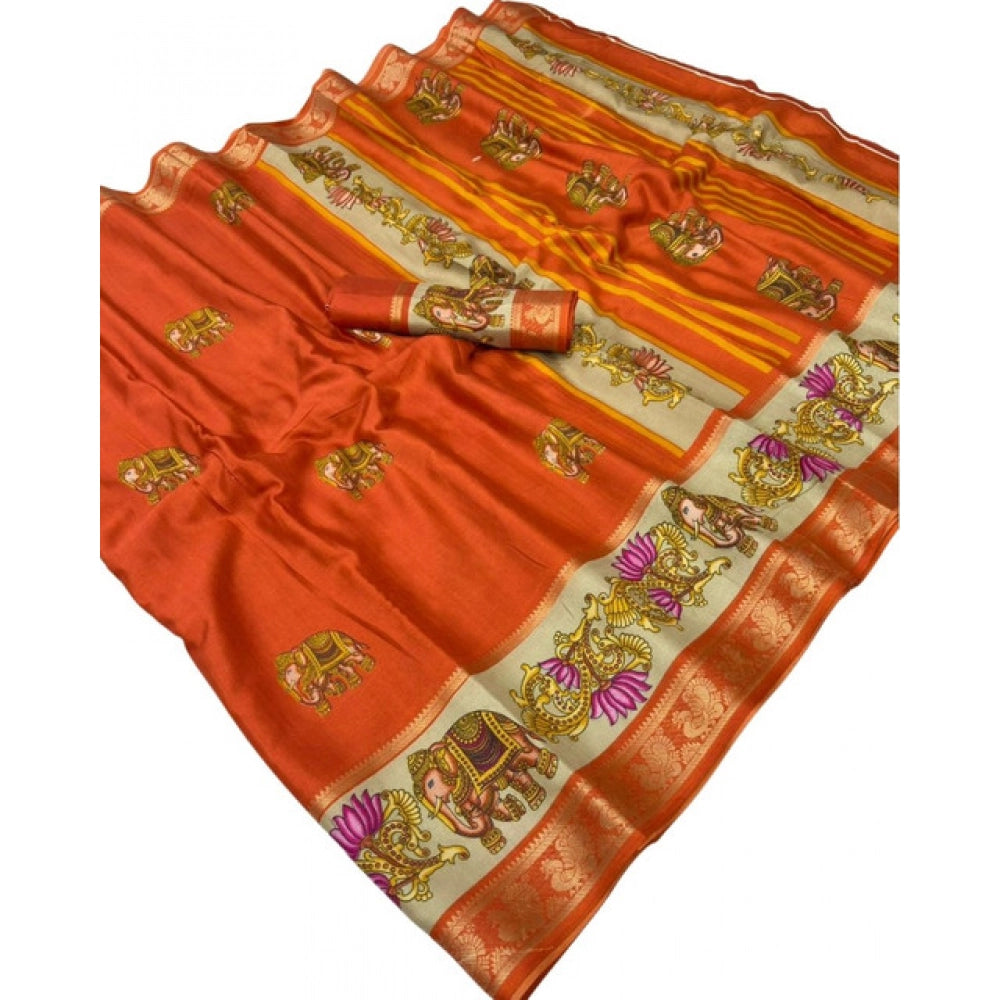 Women's Dola Silk Printed Saree With Unstitched Blouse 5.5Mtr (Orange)