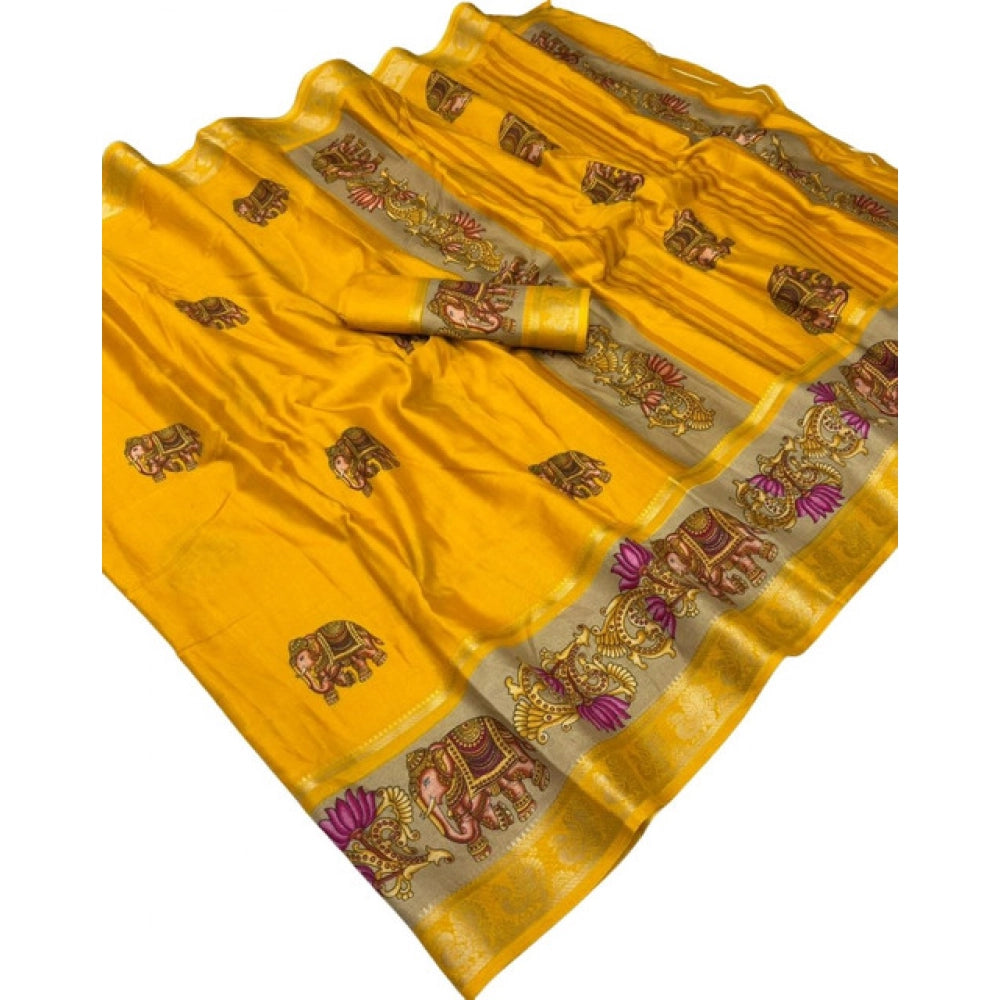 Women's Dola Silk Printed Saree With Unstitched Blouse 5.5Mtr (Yellow)