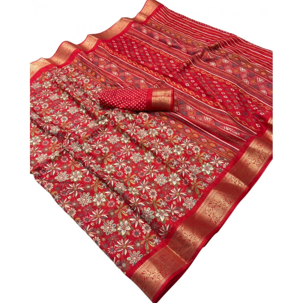 Women's Dola Silk Floral Printed Saree With Unstitched Blouse 5.5Mtr (Red)