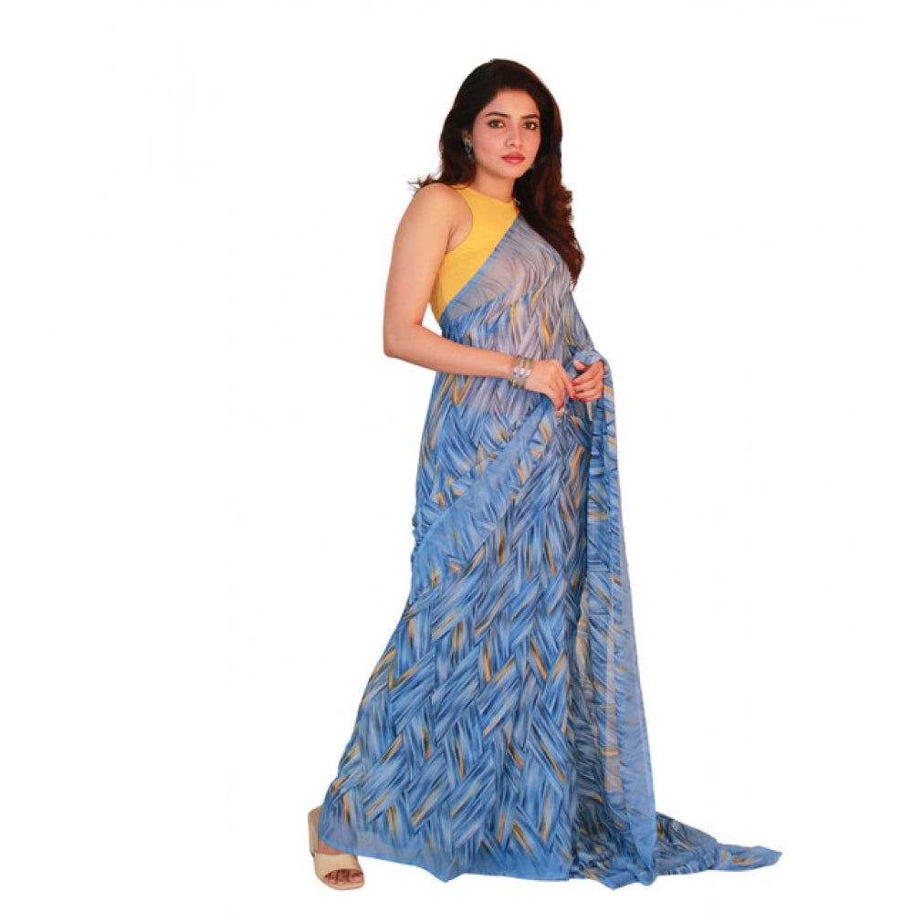 Women's Georgette Printed Saree With Unstitched Blouse 5.5Mtr (Blue)