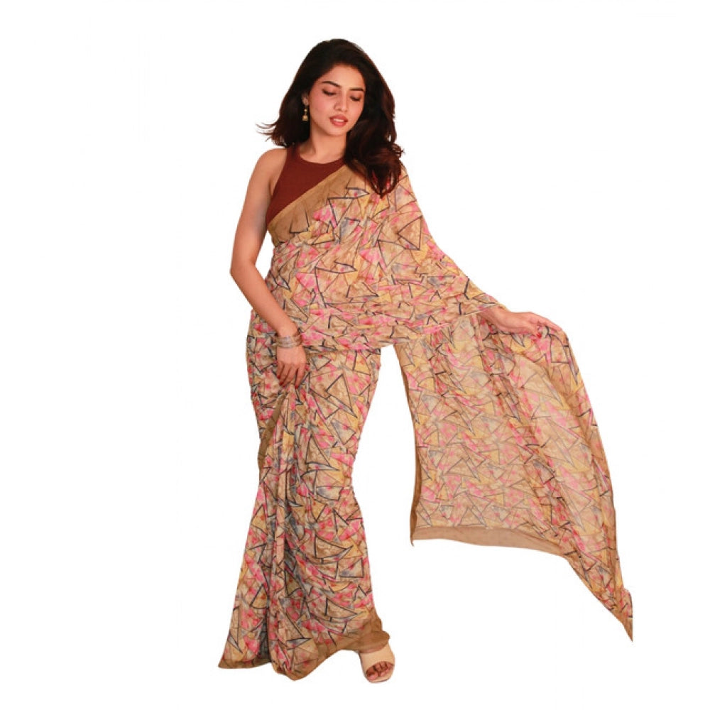 Women's Georgette Printed Saree With Unstitched Blouse 5.5Mtr (Brown)