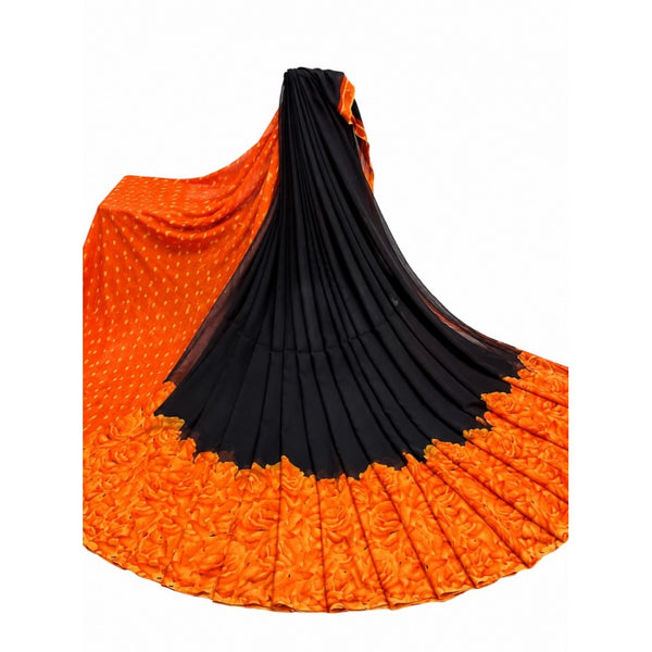 Women's Georgette Printed Saree With Unstitched Blouse 5.5Mtr (Black-Orange)