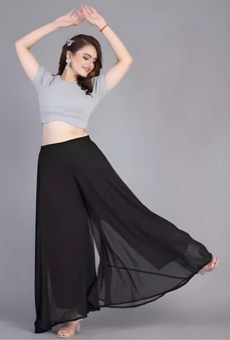 Women's Pack of 1 Georgette Solid High Rise Wide Leg Flared Palazzo with Elastic Waist (Black)