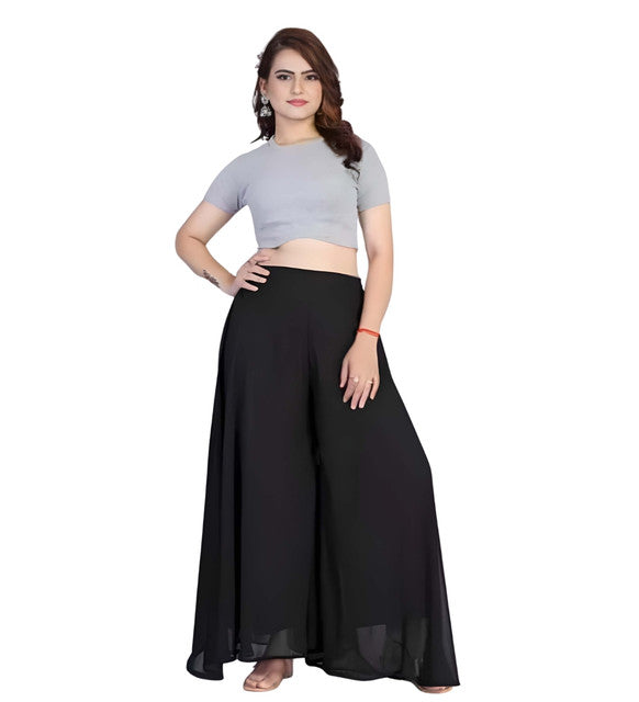 Women's Pack of 1 Georgette Solid High Rise Wide Leg Flared Palazzo with Elastic Waist (Black)
